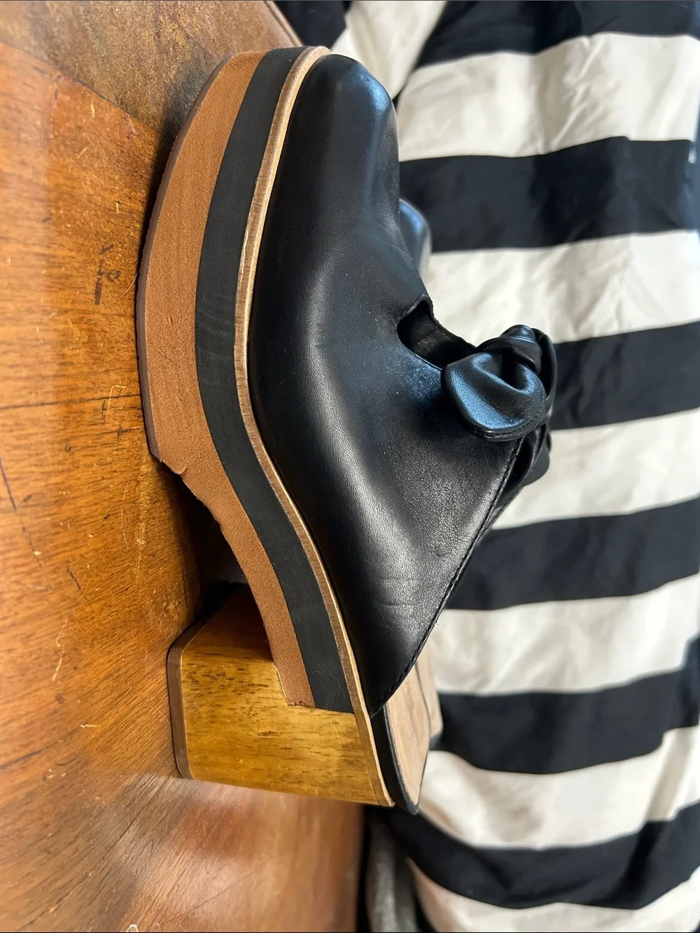 Bernardo Black Leather Platform Knot Mules with Contrast Sole
